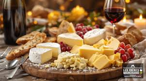 Plateau de fromage sur une planche en bois avec un verre de vin rouge